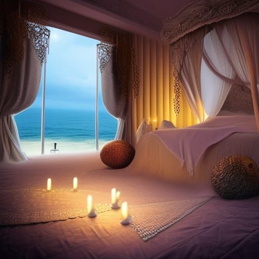 Ethereal Beach Bedroom with Ocean Theme as Digital Painting