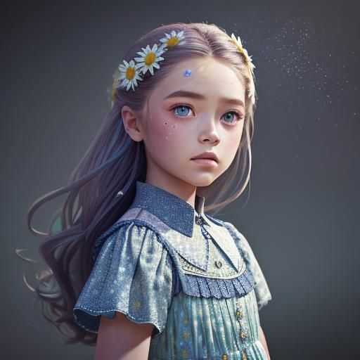 Hyperrealistic Little Girl in Daisy Dress with Diamonds