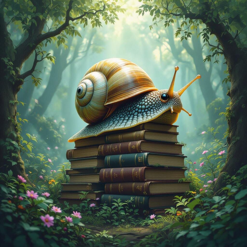 Bioluminescent Snail Climbs Books in Enchanted Forest