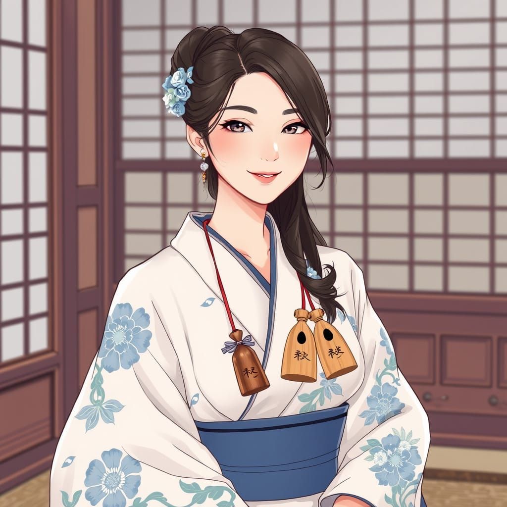 Elegant Asian Woman Prepares Tea in Traditional Japanese Sal...