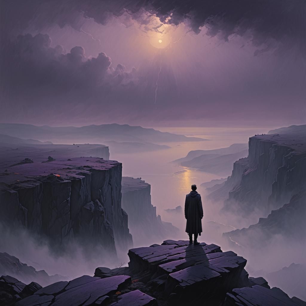 Melancholic Figure Contemplates Misty Landscape in Expressio...