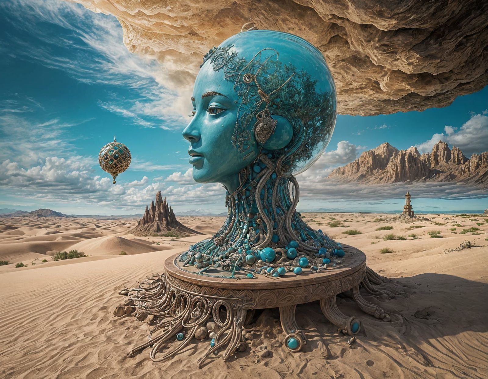 Dreamlike Wooden Doll in Dali Landscape with Turquoise Neckl...