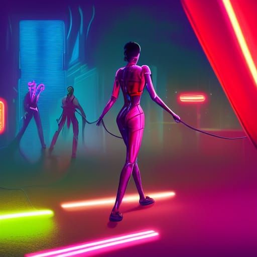 Androids Playing Jump Rope in Cyberpunk Candyland