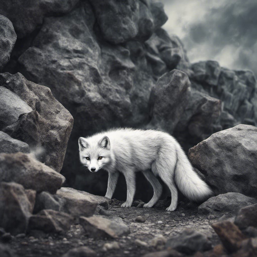 Hyperrealistic Arctic Fox Darting Among Rocks