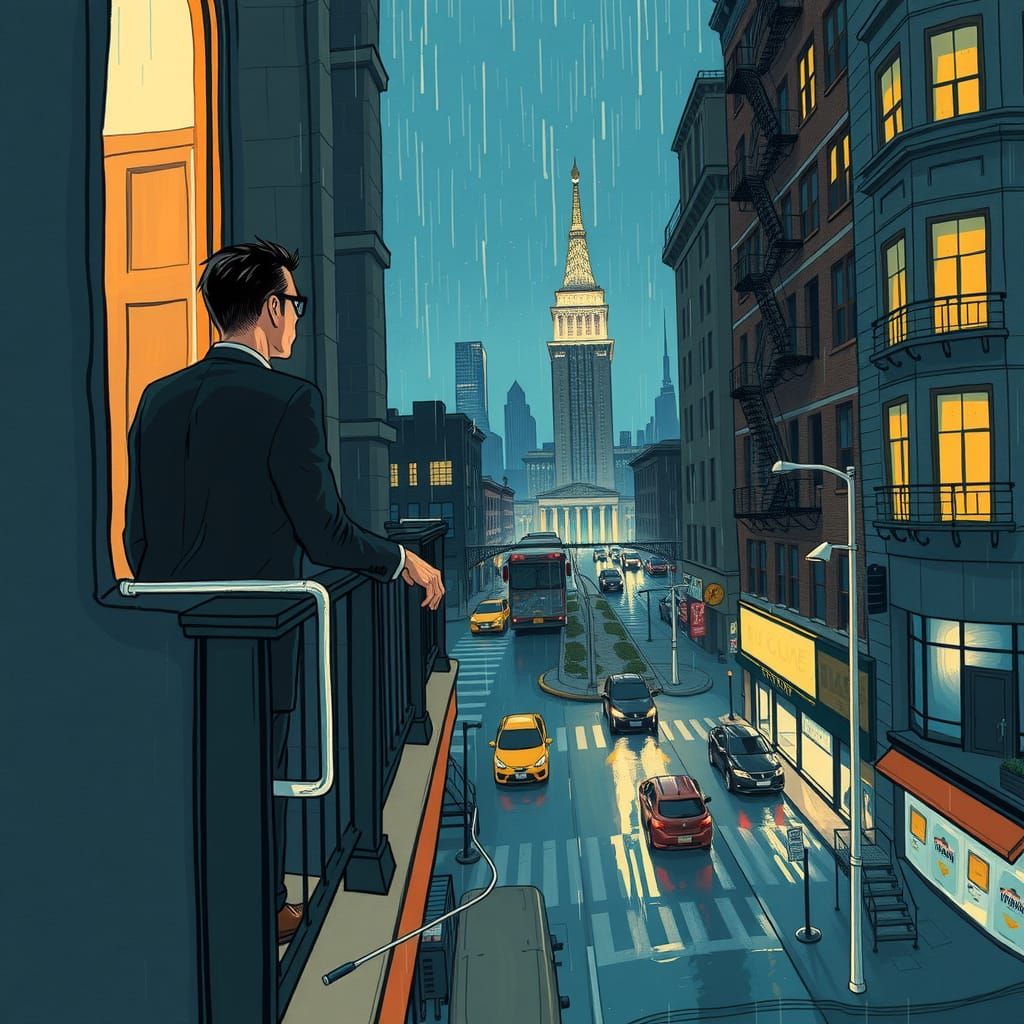 Man on Balcony Overlooking Rainy New York Street