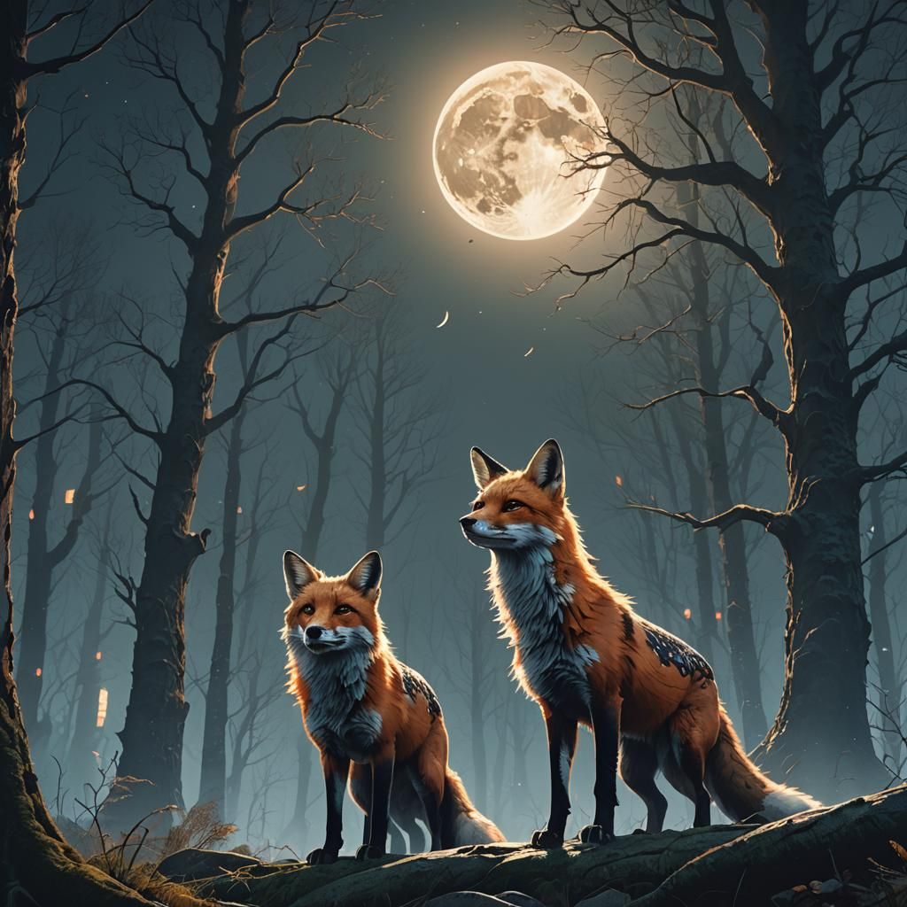 Mystical Fox Under the Moon: Digital Matte Painting