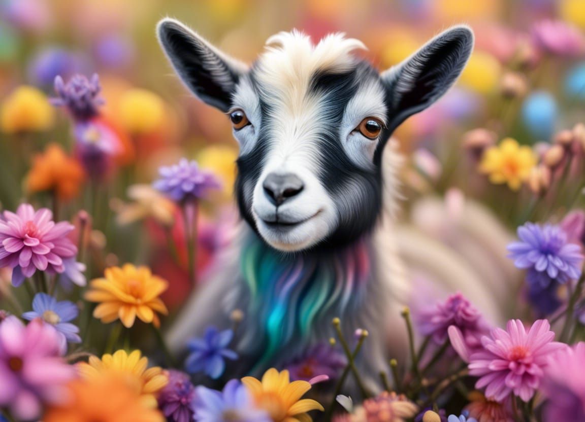 Rainbow Miniature Goat in Flower Field