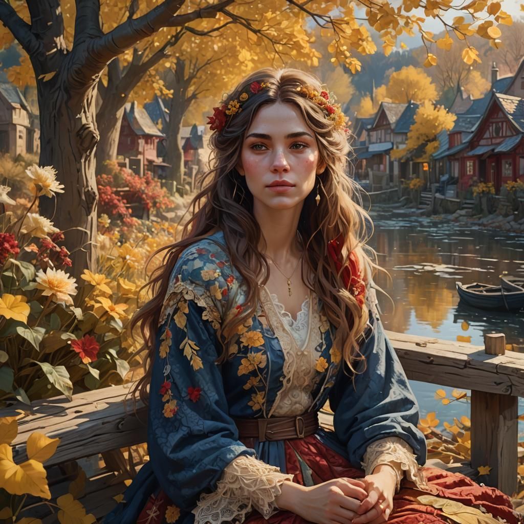 Woman in Lacy Clothes Overlooking River, Art Nouveau Style