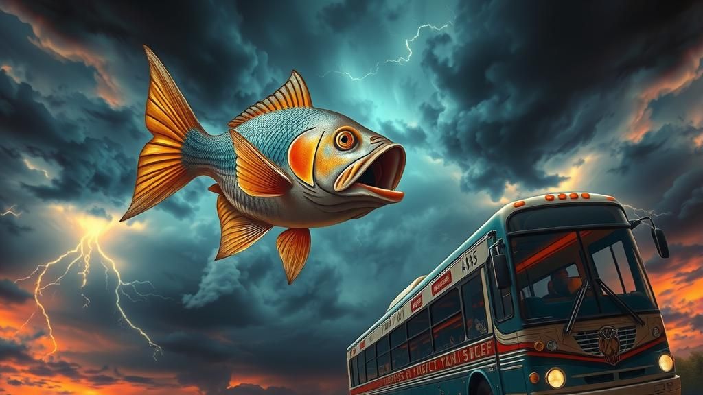 Surreal Fish and Bent Bus in Dreamlike Style