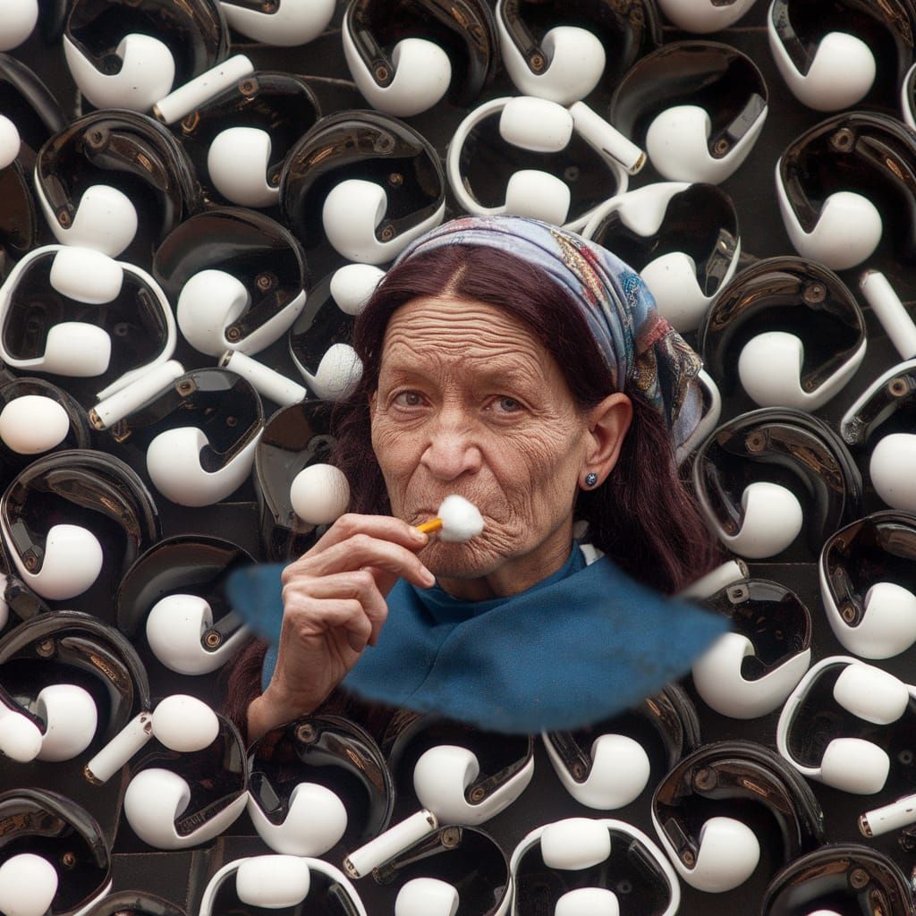 Old Woman in Blue Tabard Smokes Cotton Bud in Earbud Field