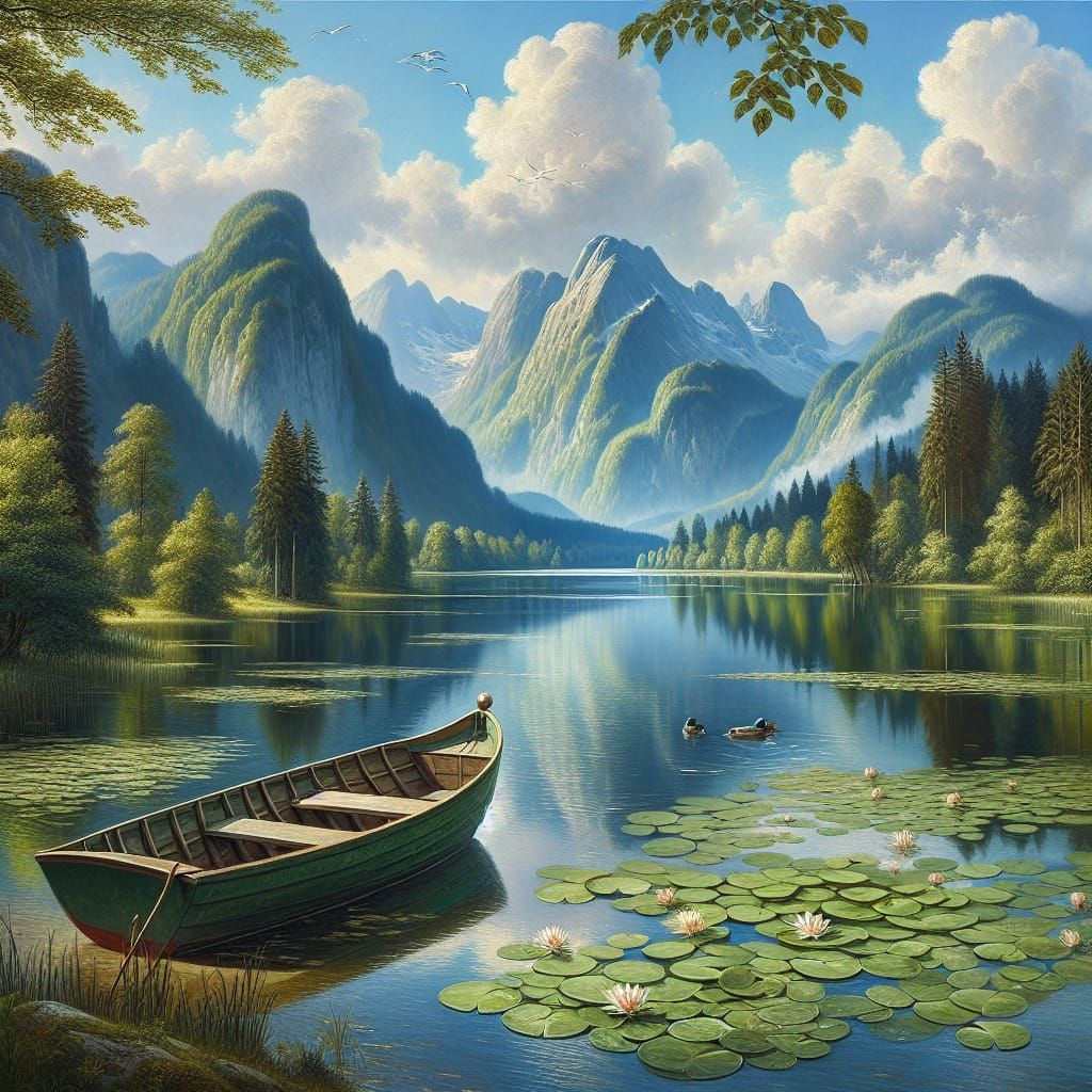Romantic Boat on Lake with Mountains