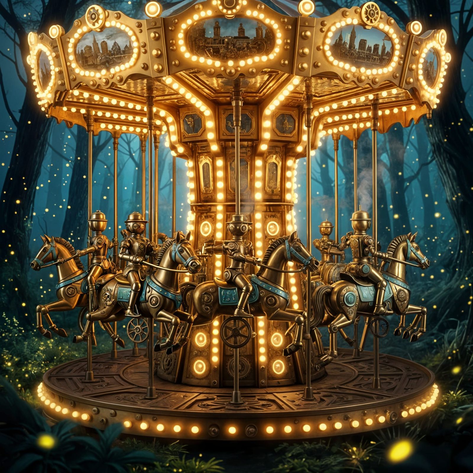 Steampunk Carousel With Tiny Robots and Brass Gears