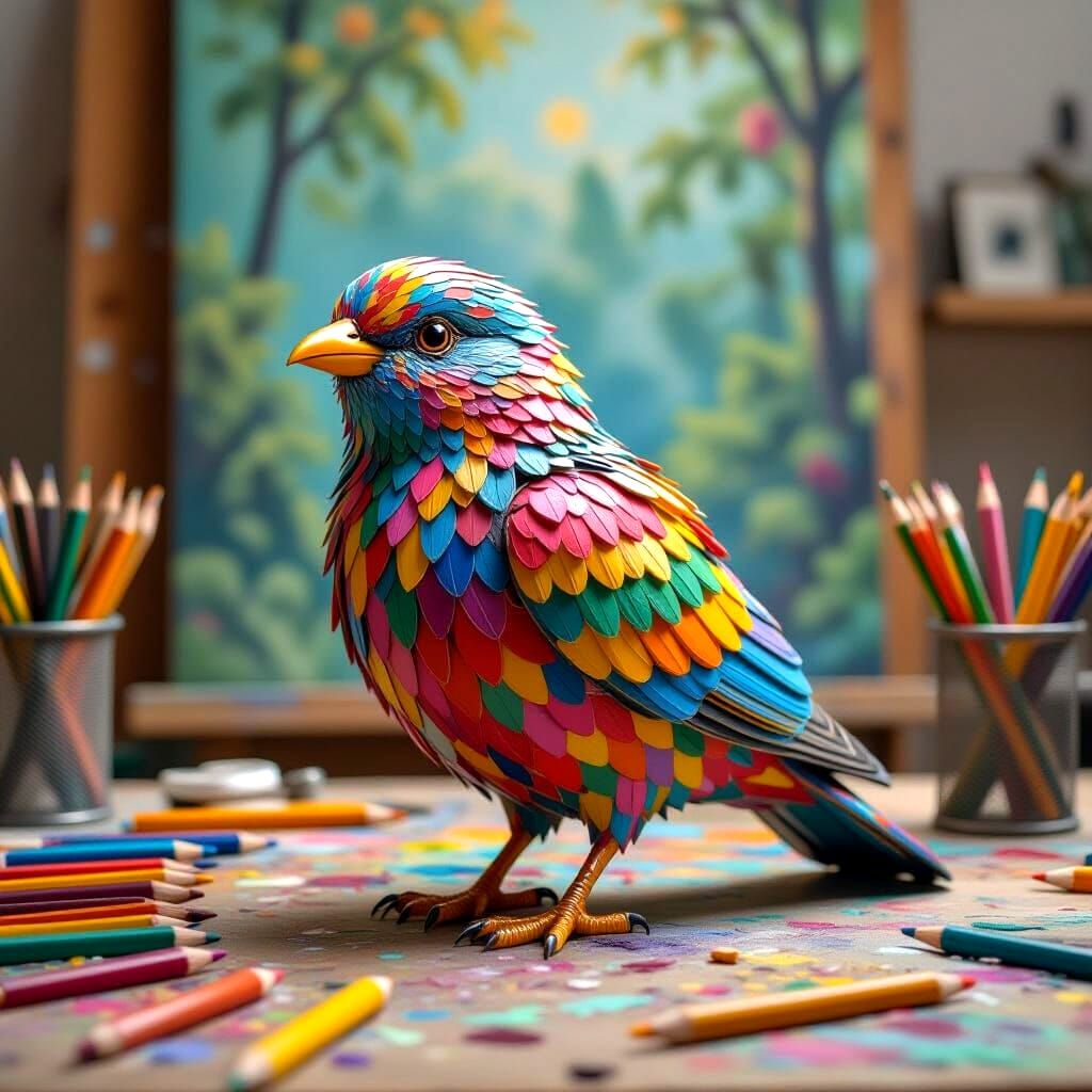 Color Pencils Magically Form Bird Sculpture on Workbench