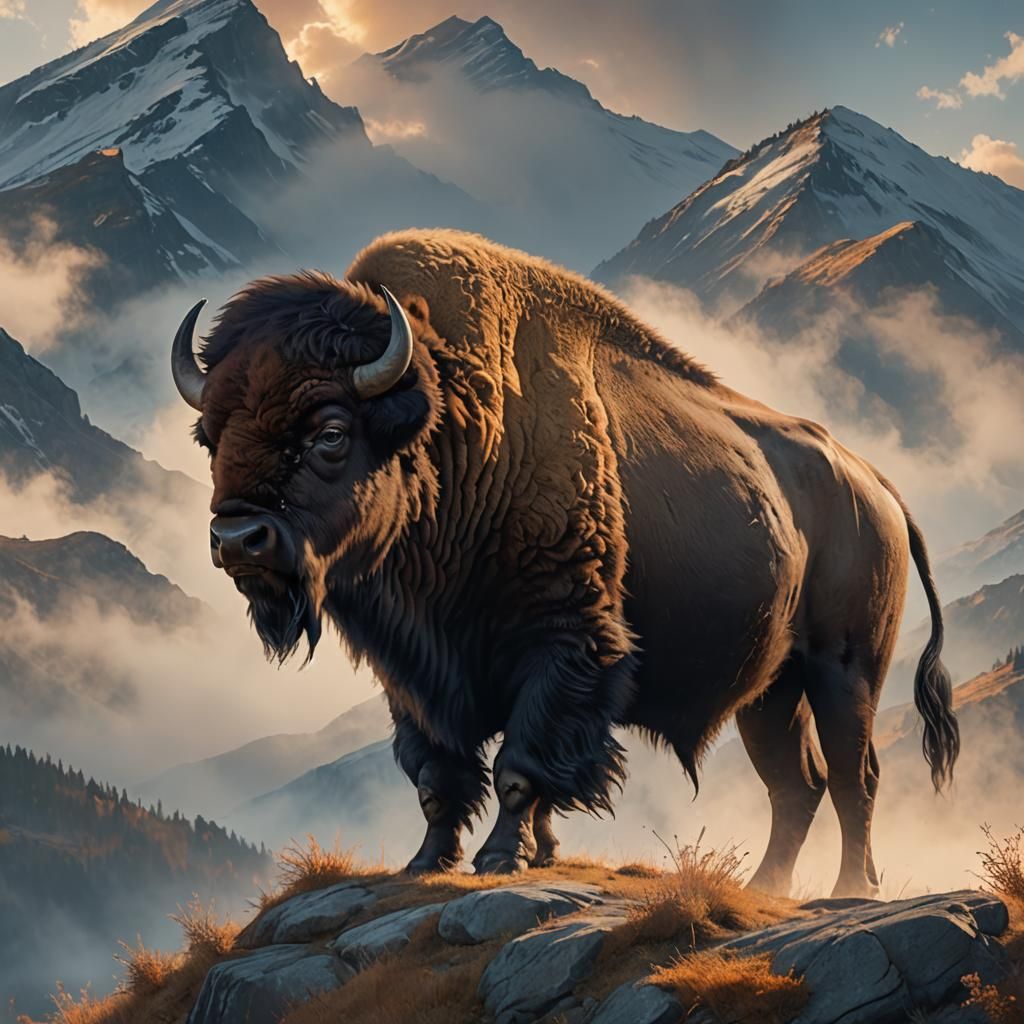 Ethereal Bison on Misty Mountain Peak