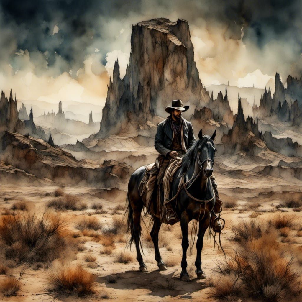 Handsome Cowboy and Horse in Desert Landscape