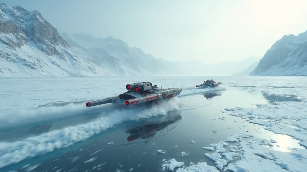 Futuristic Speeders Race Across Frozen Lake in Sci-Fi Style