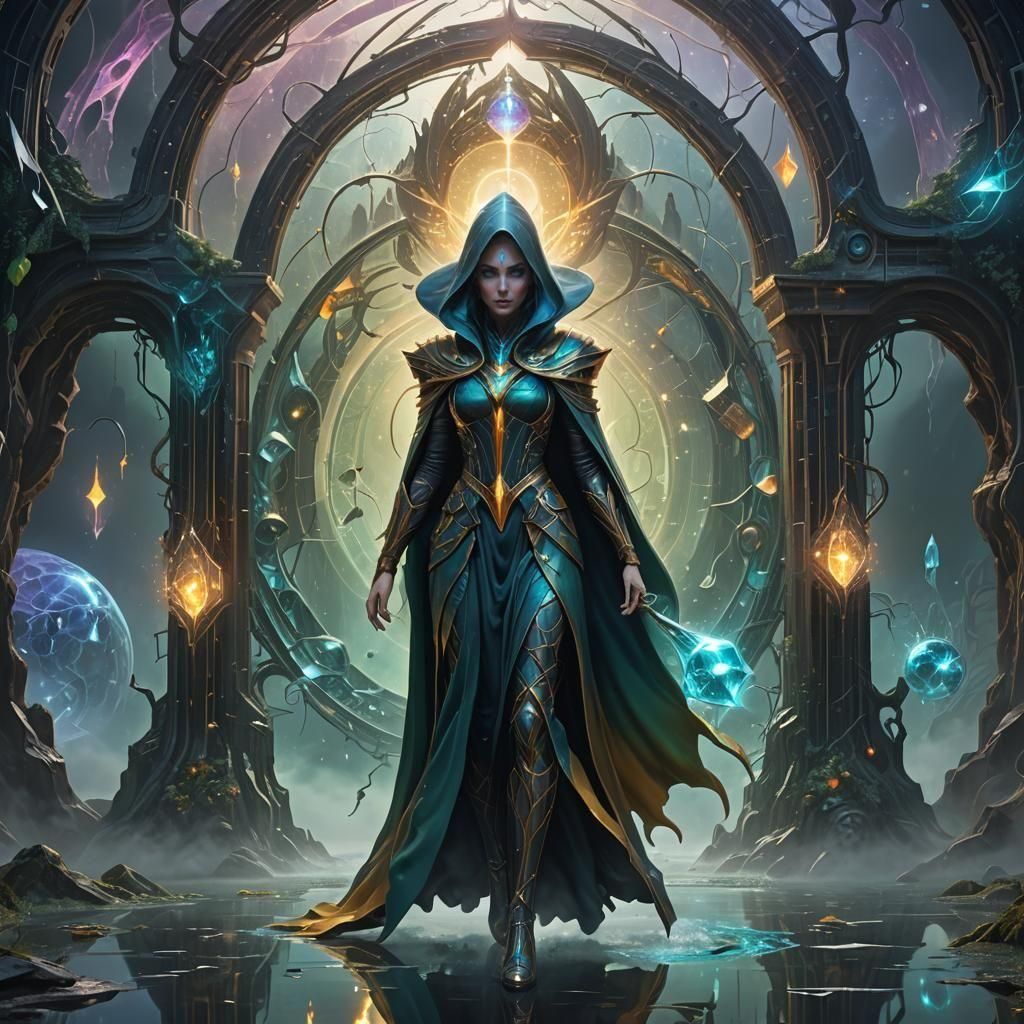 "Ethereal Crystalline Metamorphosis Cubism, a sorceress ente...