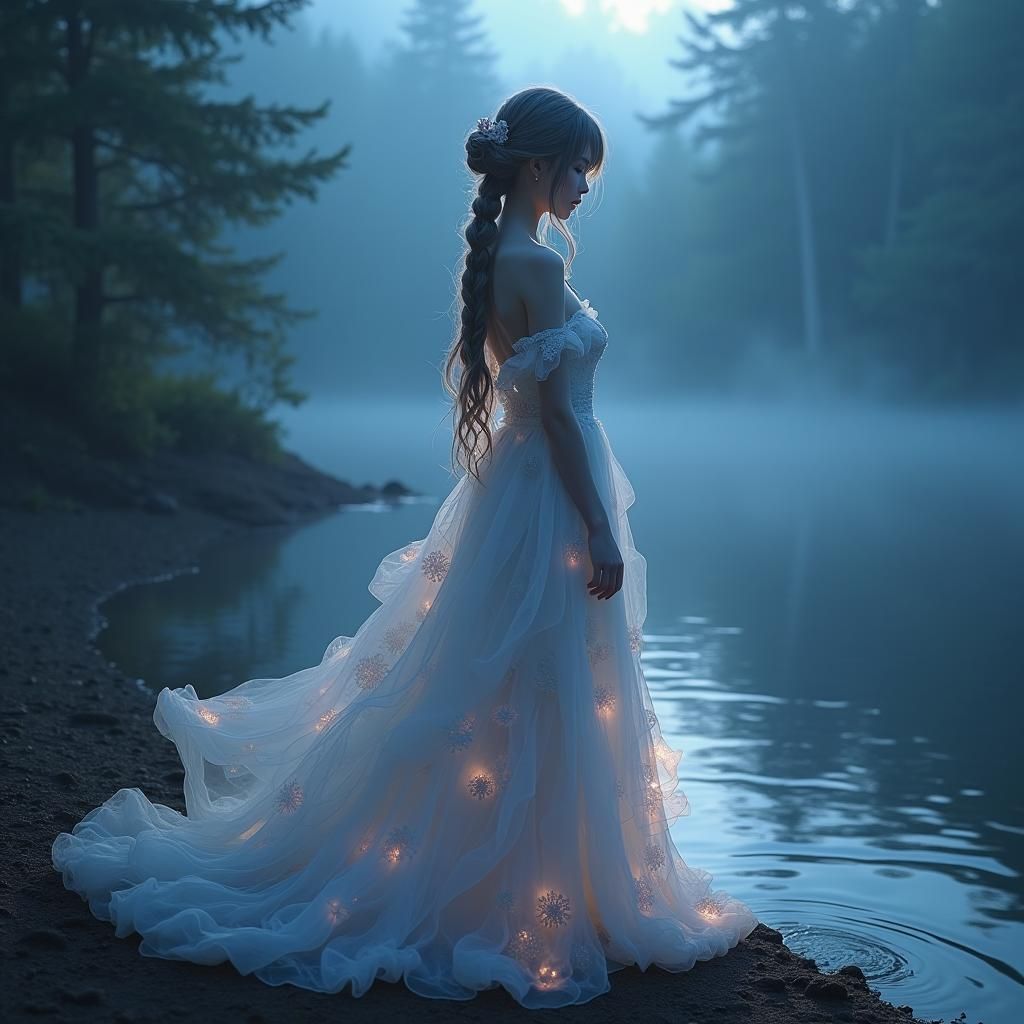 Ethereal Anime Girl Emitting Light by Misty Lake