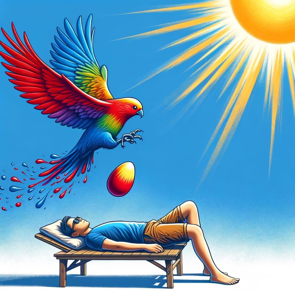 Vibrant Bird Drops Egg on Sunbathing Man in a Bright Sky
