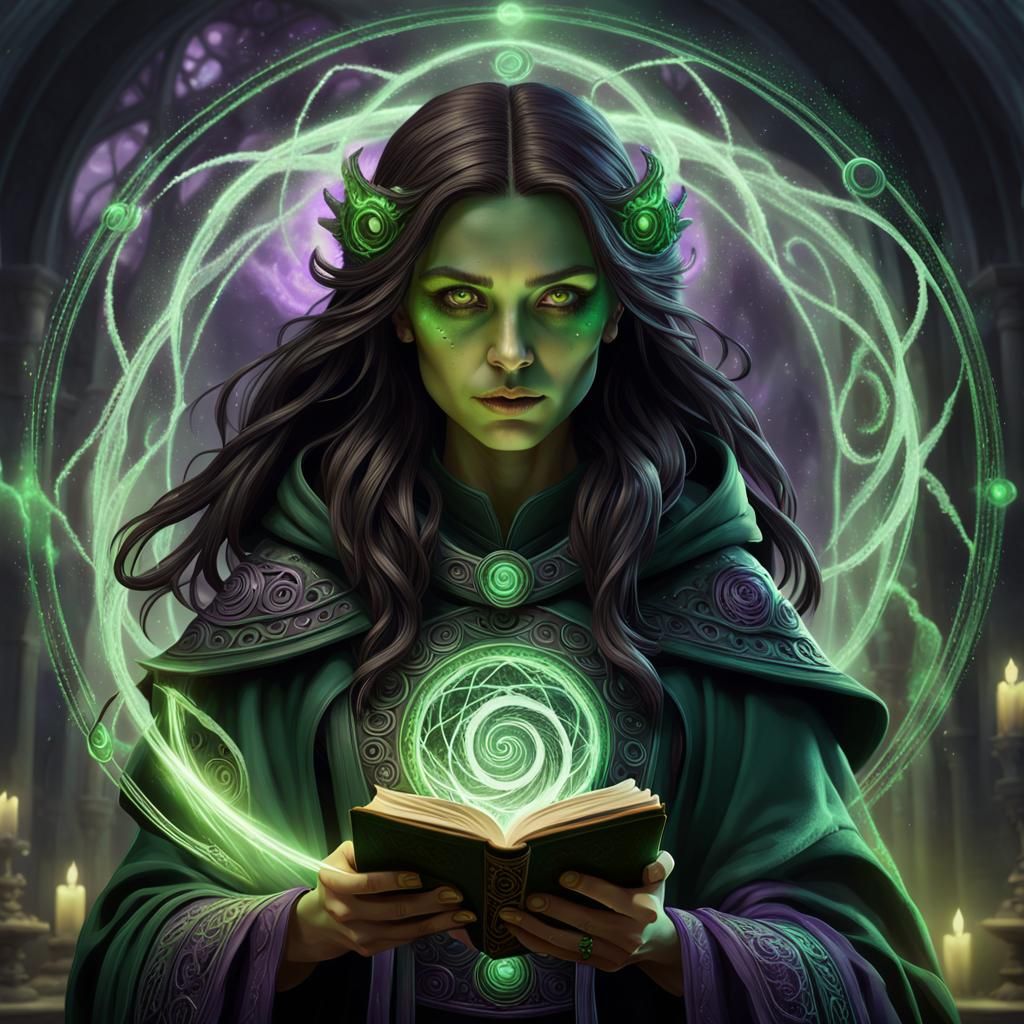 Brunette Necromancer Invoking Magic: Dark Fantasy Art