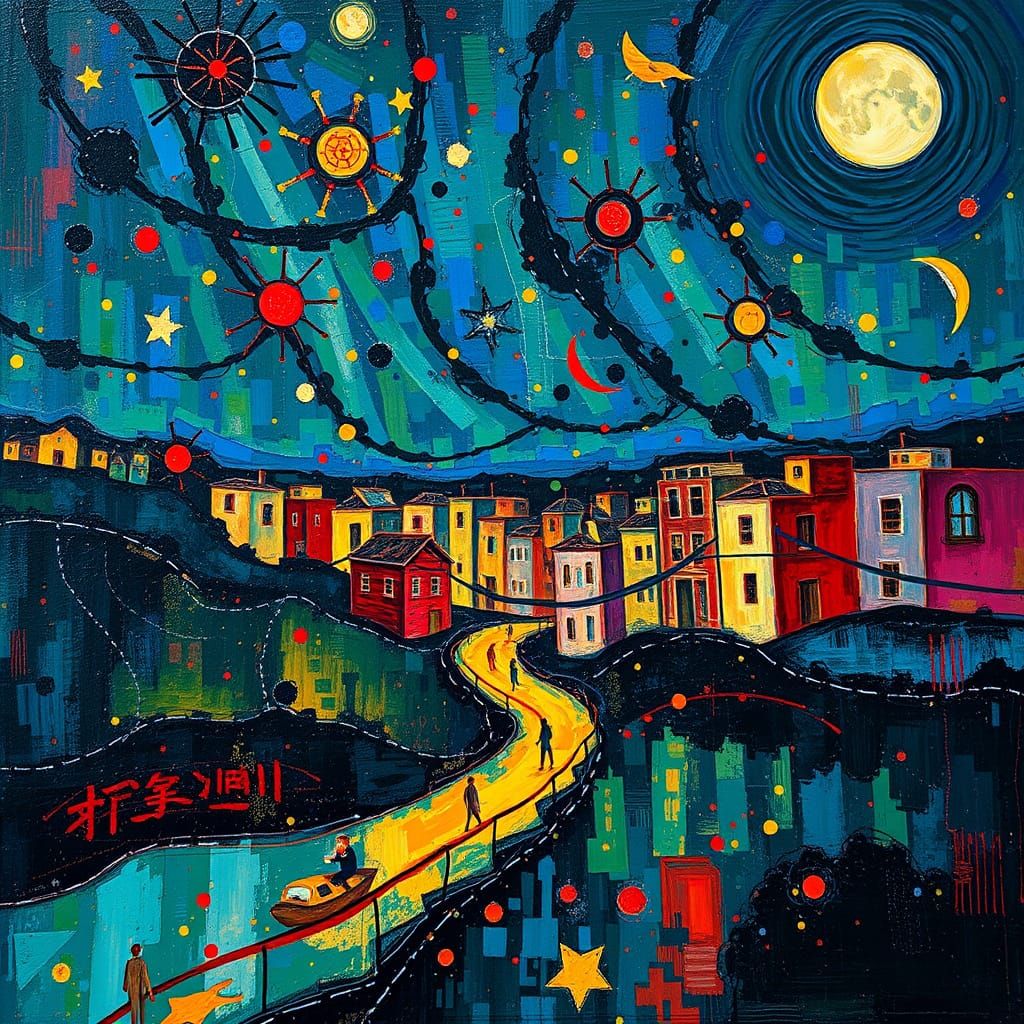 Ethereal Cityscape Under Full Moon in Whimsical Style