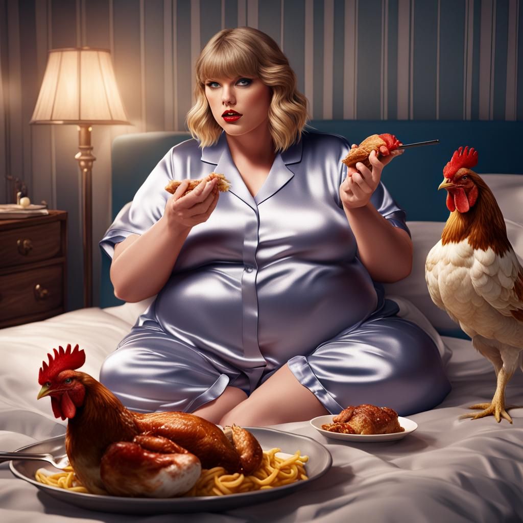 Taylor Swift eating a chicken leg in bed