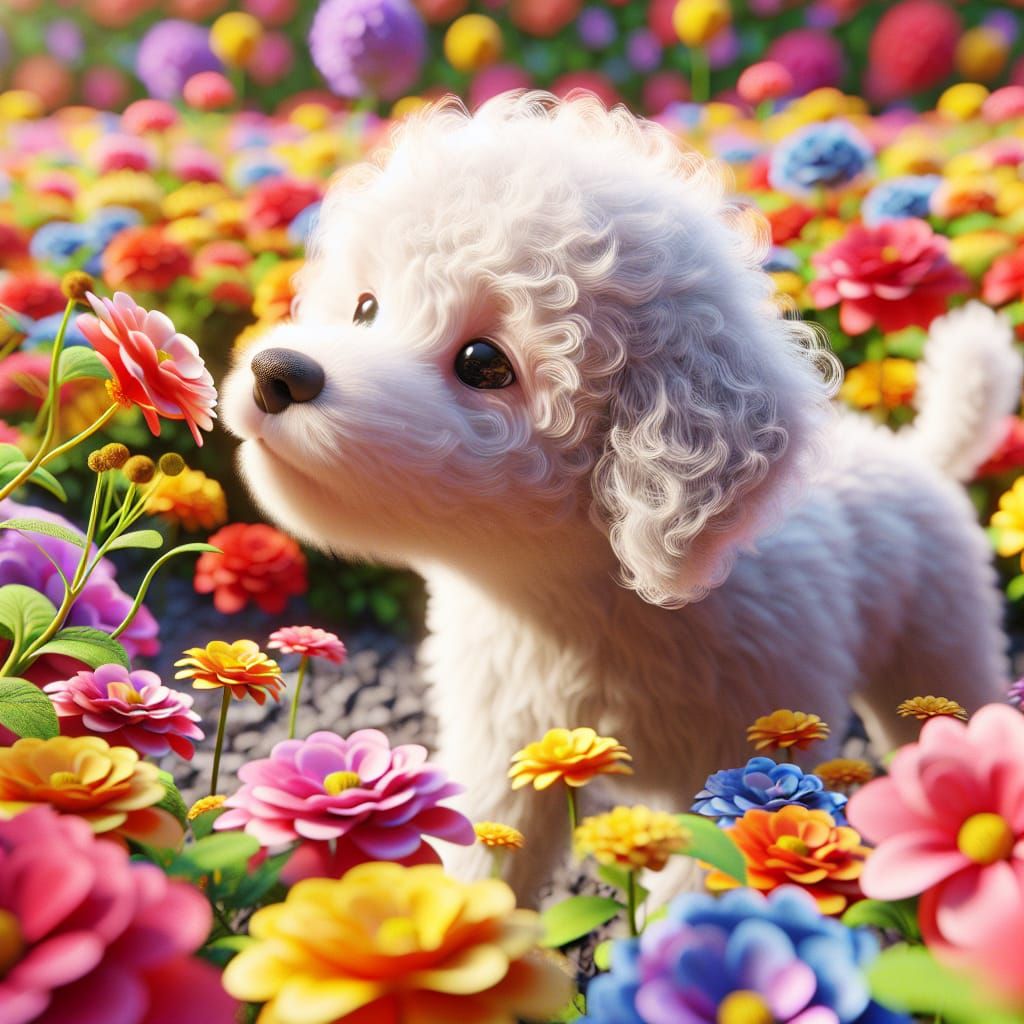 Disney Pixar style 3D adorable standard poodle puppy in a fl...