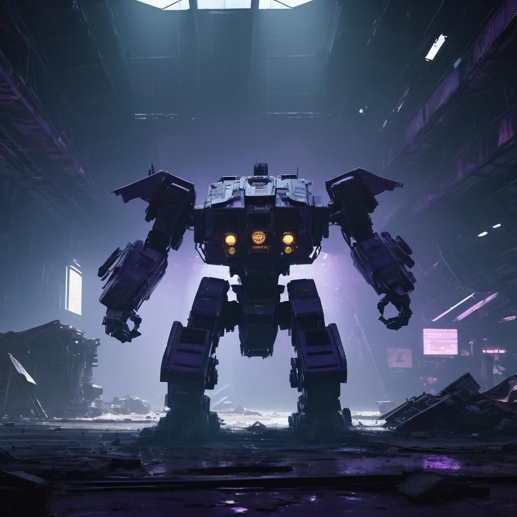 Cyberpunk Mech Wreckage in Abandoned Hangar