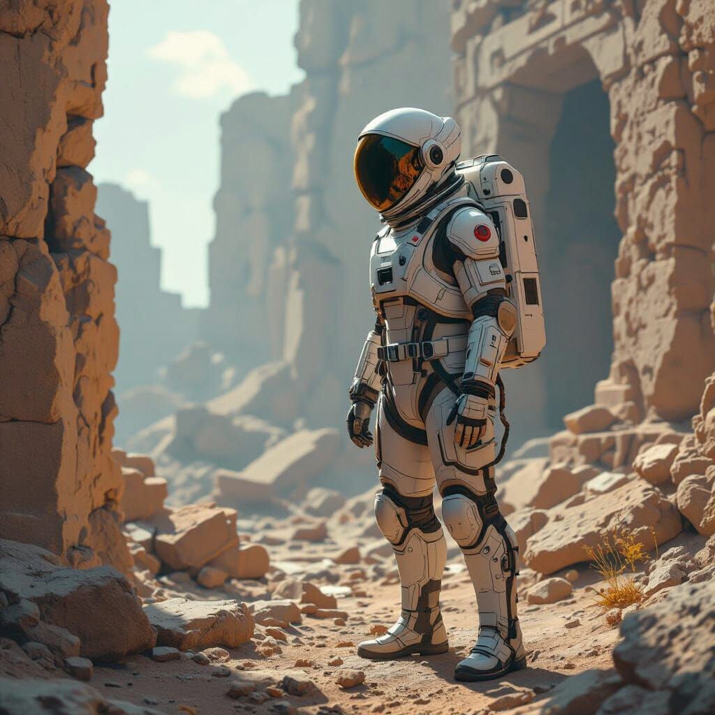 Astronaut Explores Ancient Ruins in Ethereal Glow