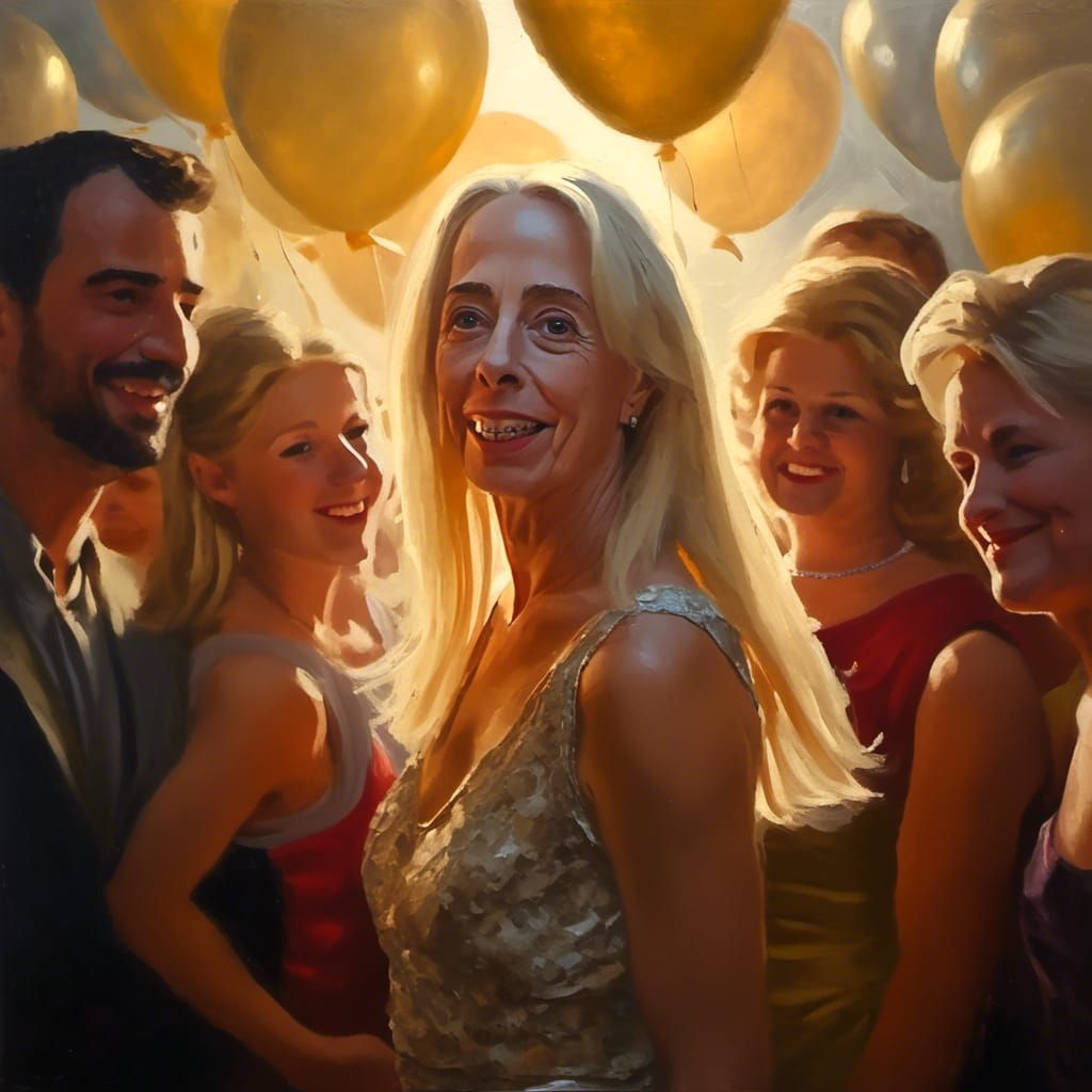 Radiant Woman in Impasto Oil Portrait with Friends