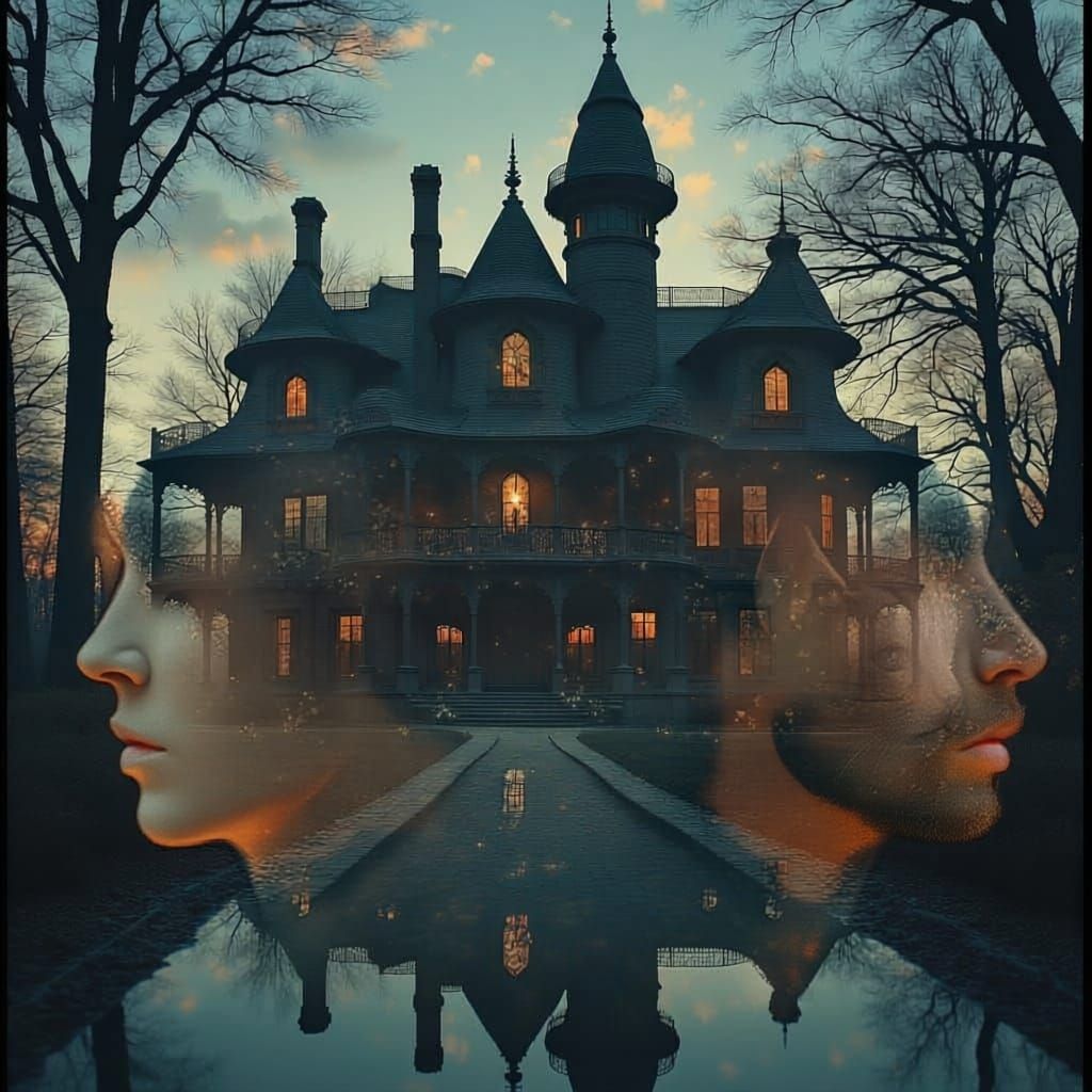 Monopoly Style Haunted Mansion with Double Exposure Faces