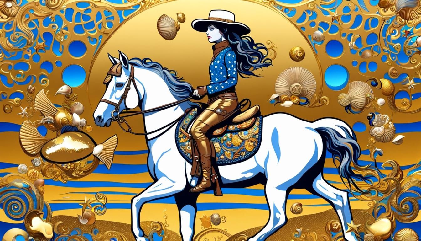 Cowgirl on Horse: Klimt-Inspired 3D Beach Art