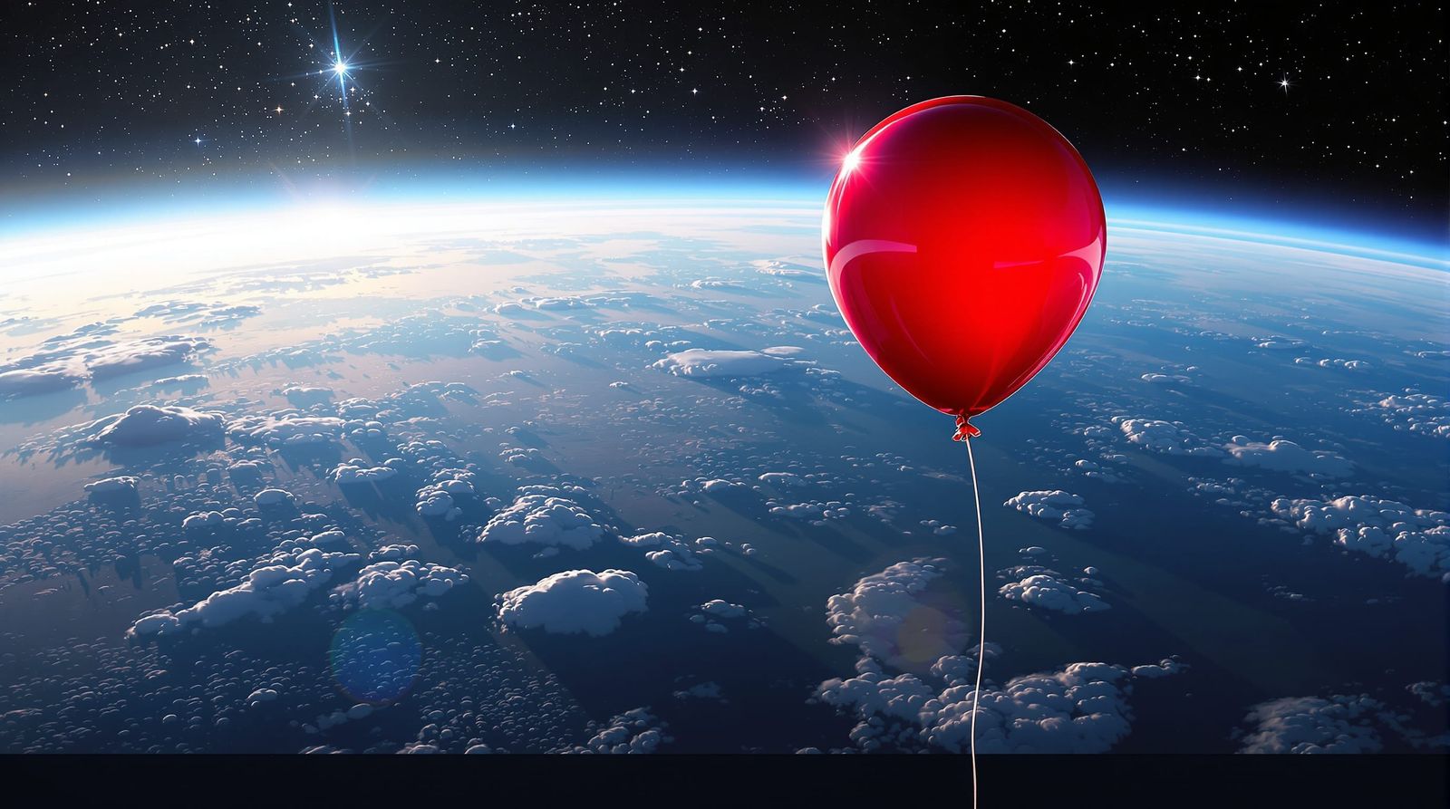 Red Balloon Soaring Above Earth's Horizon