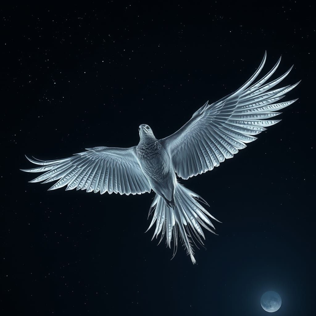 Majestic Silver Phoenix in Hyperrealistic Night Sky