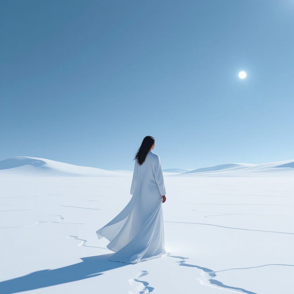 Woman in White in Vast Surreal White Landscape