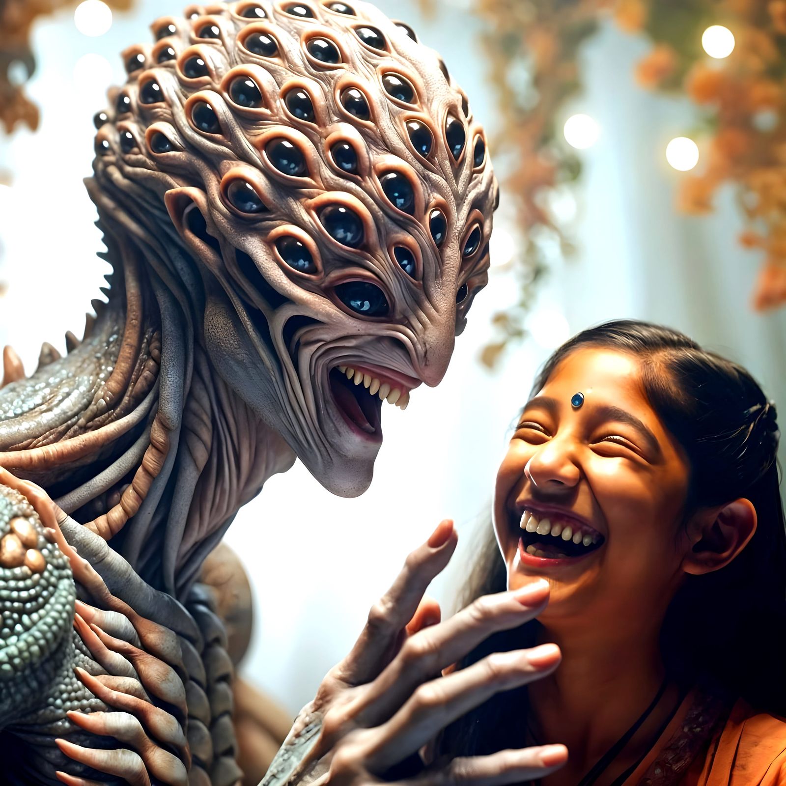 Friendly Hybrid Humanoid and Girl in Lighthearted Discussion