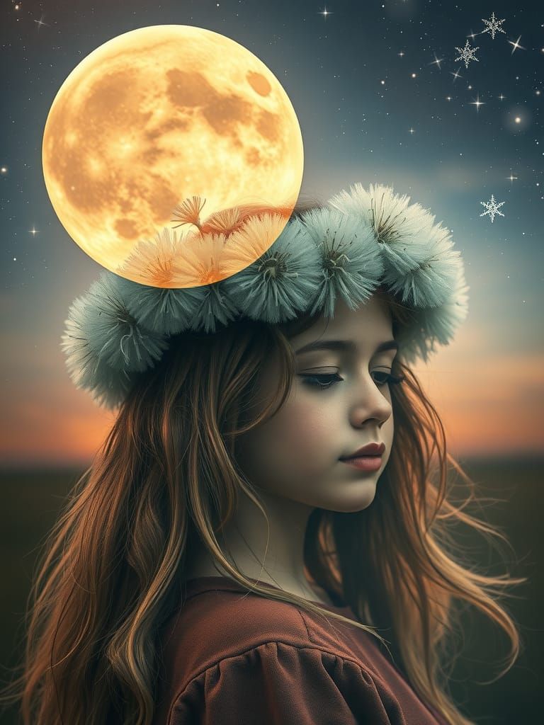 Dreamy Girl with Dandelion Wreath and Moon