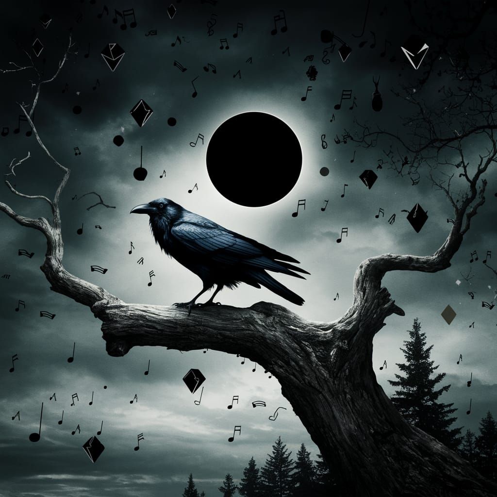 Raven Silhouetted Against Dark Lunar Eclipse
