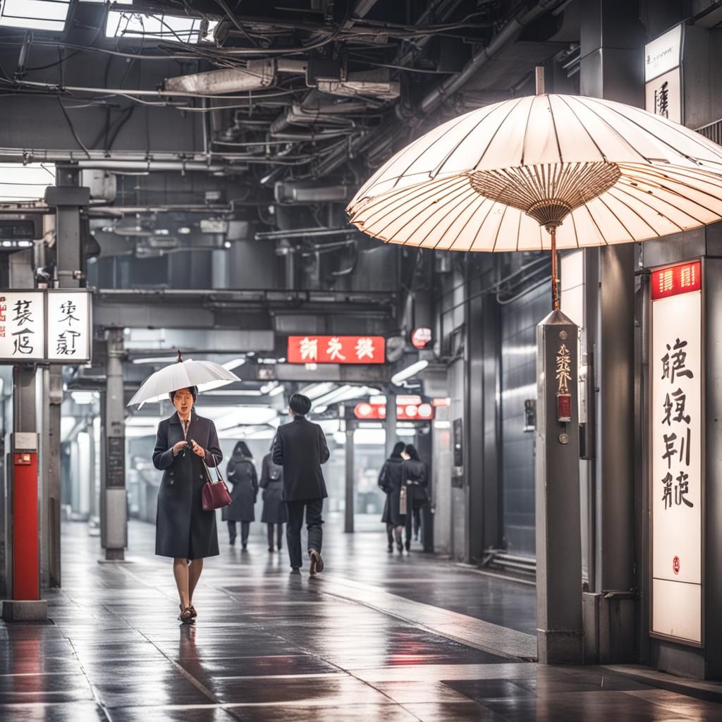 Chinese Woman with Umbrella in Dark Metro Station