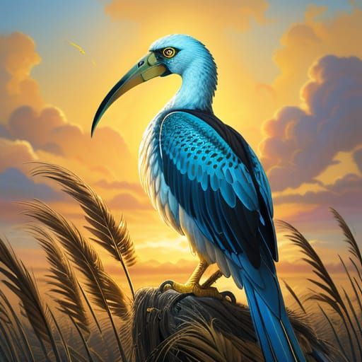 Surreal Falcon-Ibis Hybrid in Golden Reeds