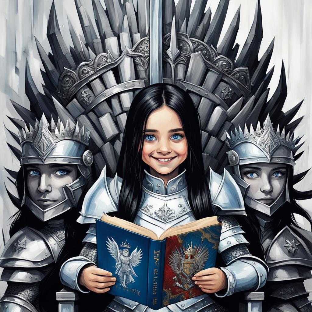 Girl on Iron Throne with Knights, Abstract Art