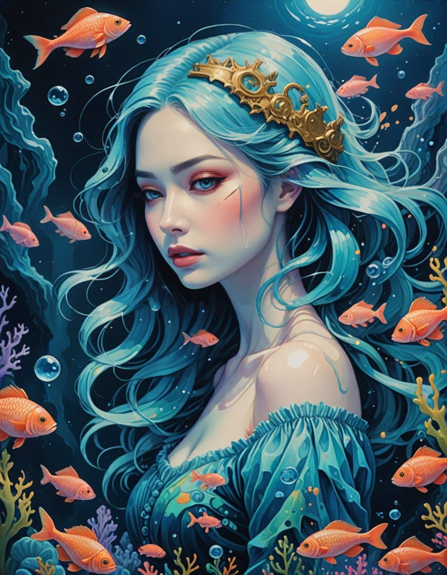 Underwater Goddess and Shipwreck in Oil Gouache