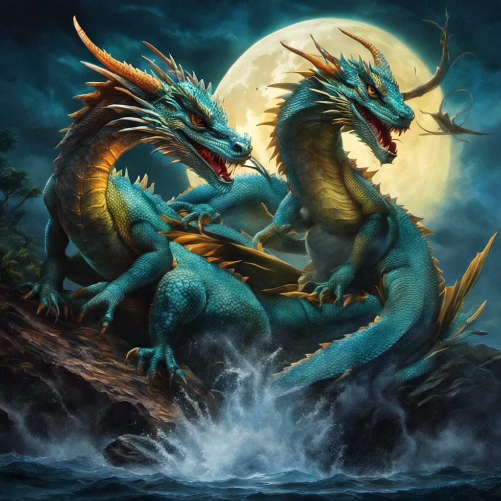 Moonlit Storm: Water Dragons in Hyperrealistic Style