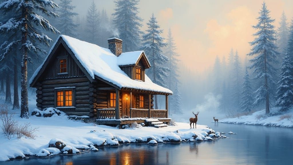 Winter Cabin in Forest Landscape as Impressionist Painting