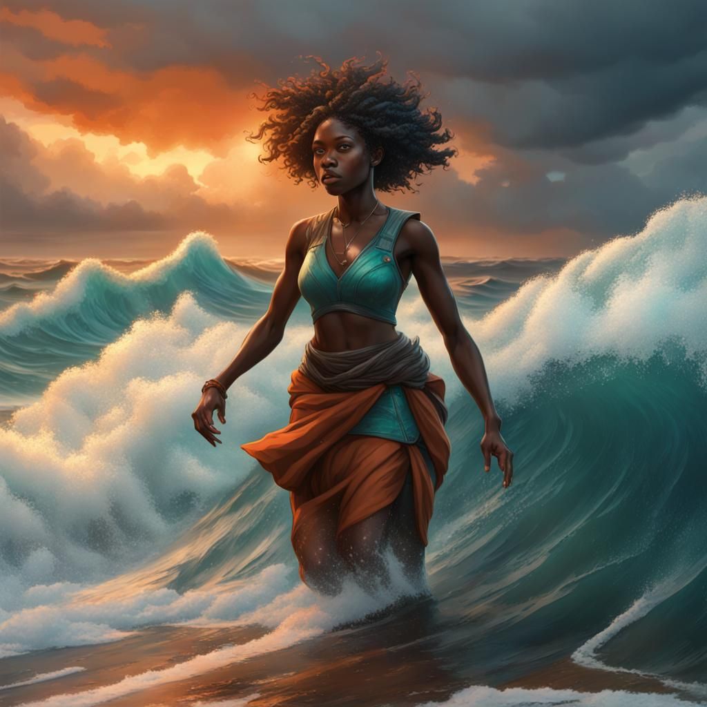 Girls Battle Stormy Waves: Hyperdetailed Splash Art