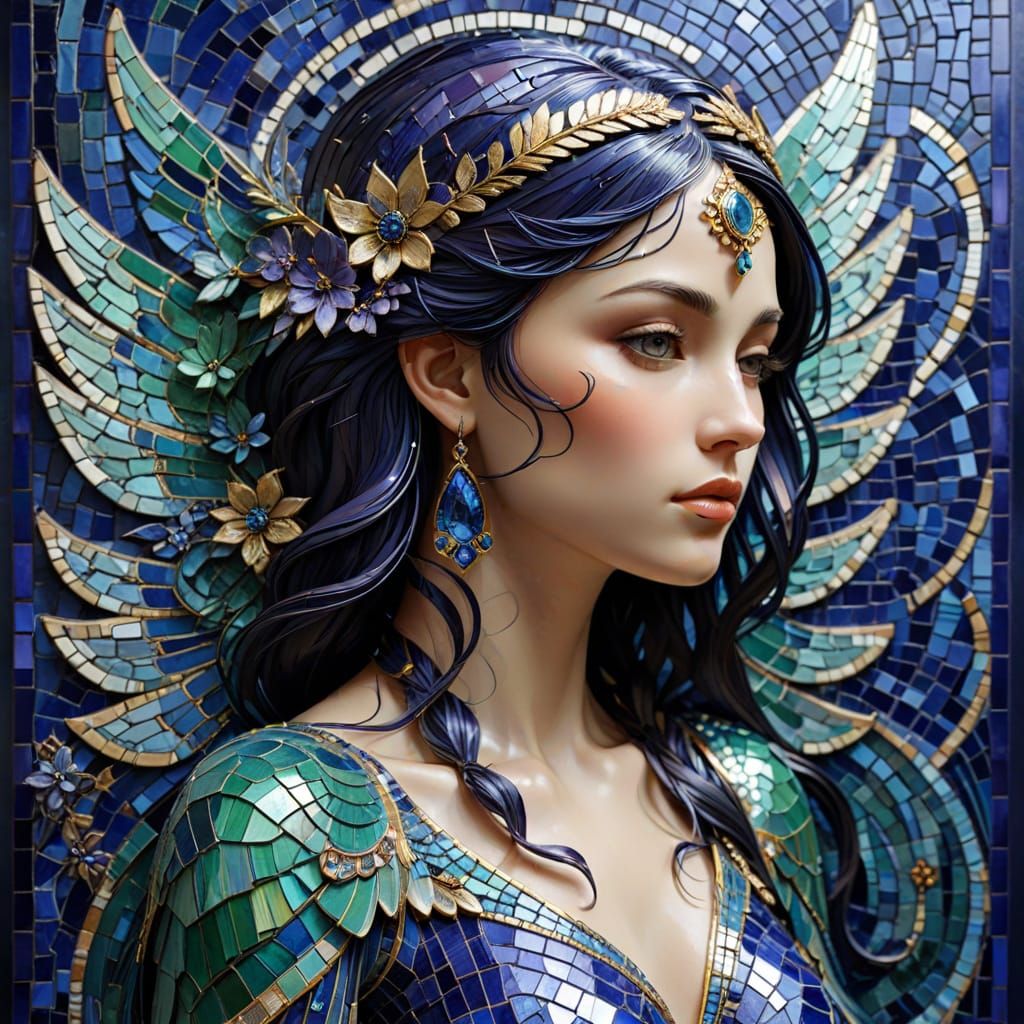 Iridescent Mosaic Angel with Stylized Wings