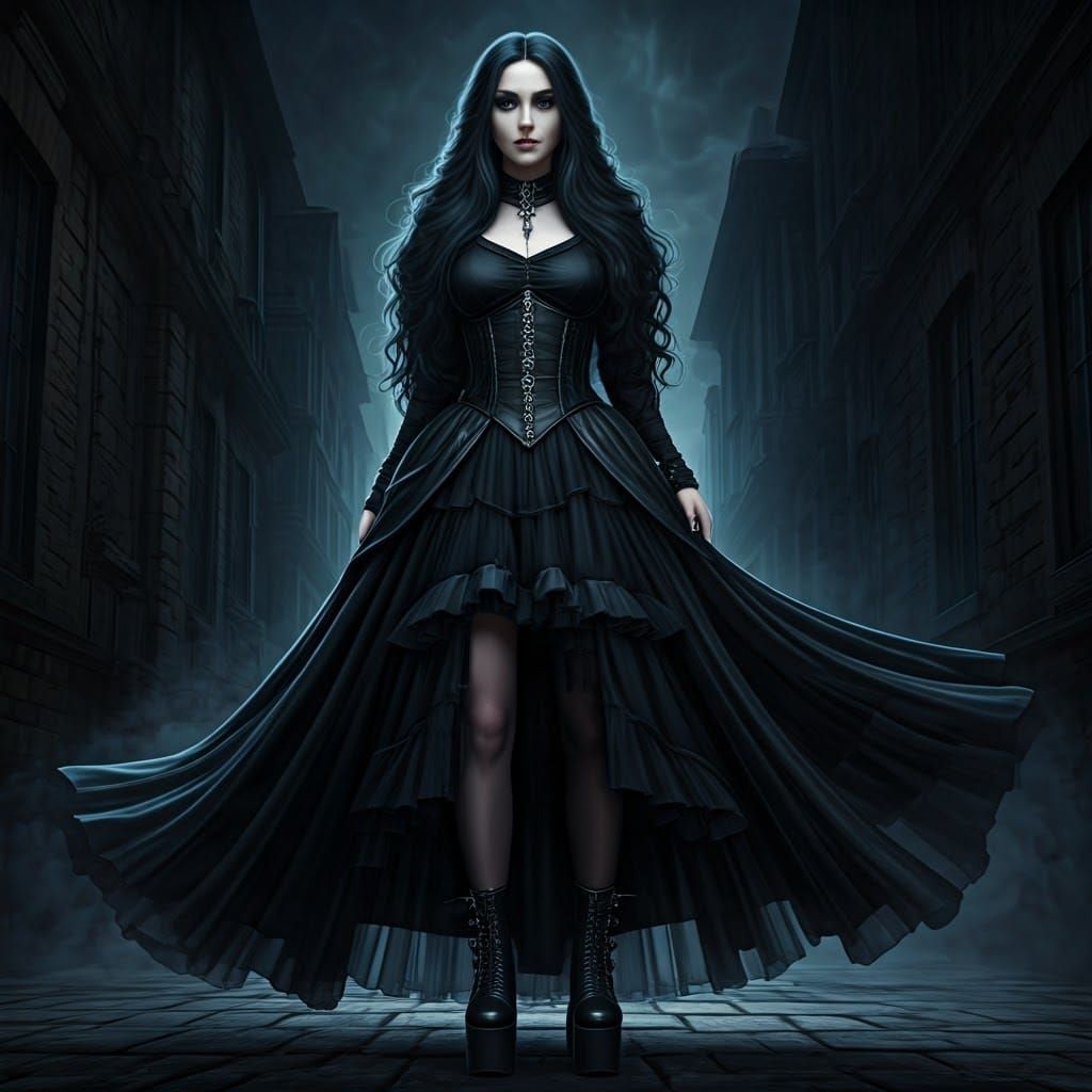 Ethereal Gothic Princess in Dark, Misty Alleyway