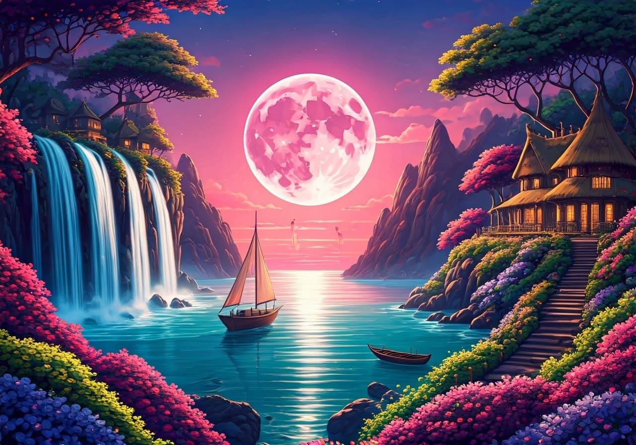 Dreamlike Water-World Wonderland with Magenta Moon