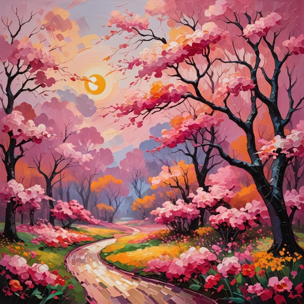 Pink World with Flowers in Neo-Impressionism