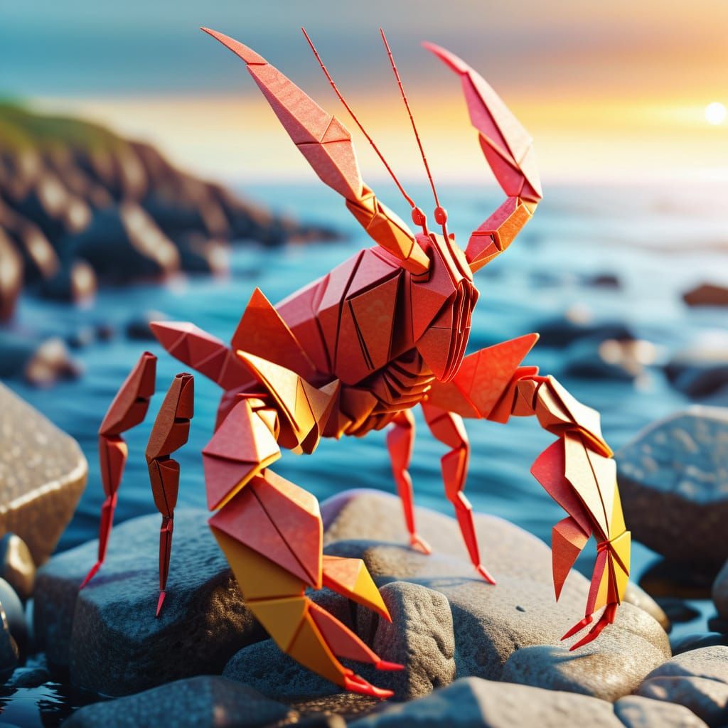 Origami Robot Lobster on Rocky Coastline